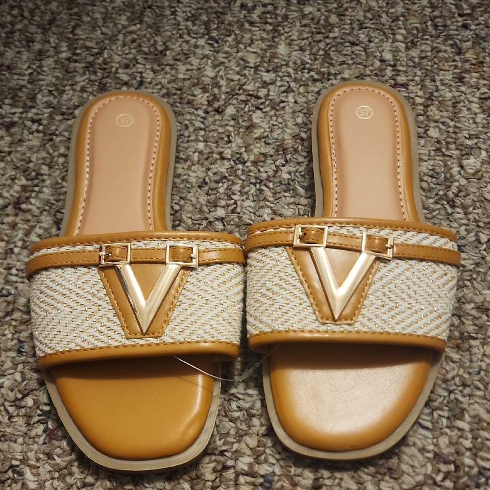 Women's Tan Slide Sandals with Woven Strap and Gold V Accent